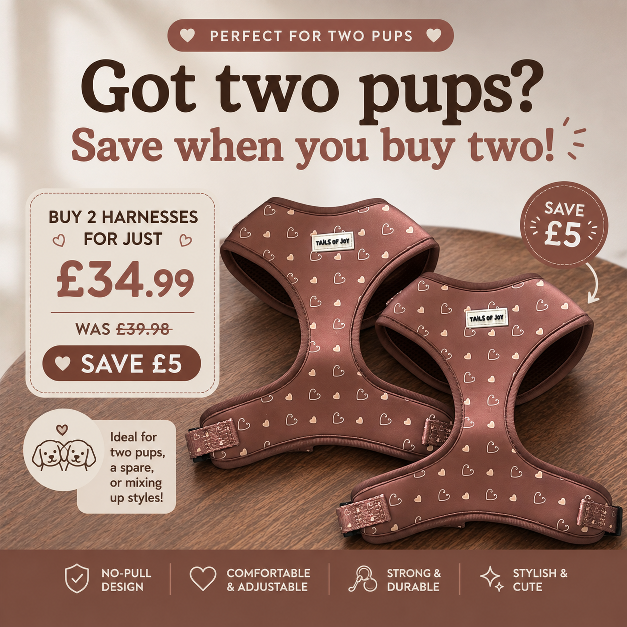 Cocoa Hearts Adjustable Dog Harness 🤎